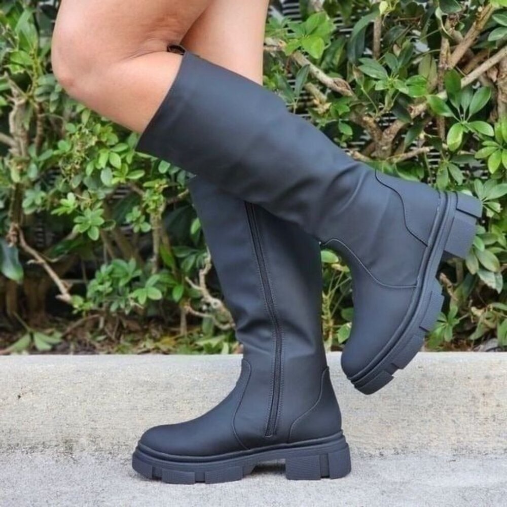 Black Color Round Toe Synthetic Mid Calf Boots Side Zipper Women's